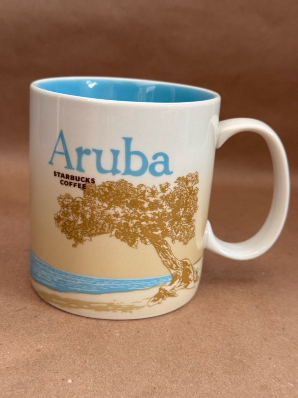Starbucks 2016 Global Icon Aruba Blue and Beige Coffee Mug. 16 fl oz.